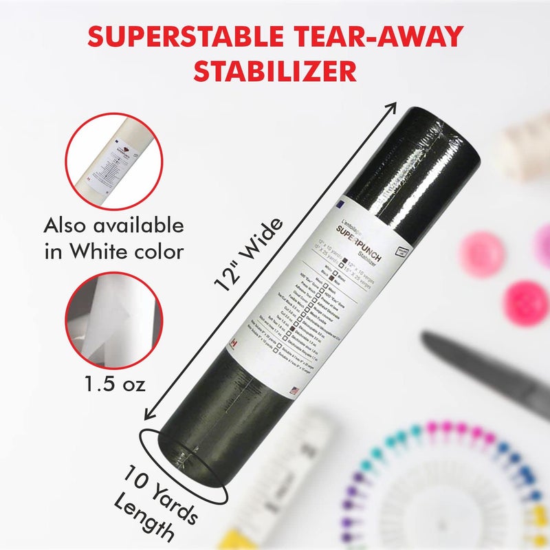 Superpunch 1.5 oz Black Tear Away Stabilizer for Embroidery - 12 inch x 10 Yard Roll, SuperStable Tear Away Machine Embroidery Stabilizer Backing, Polyester & Cellulose - Made in The USA - Image 2